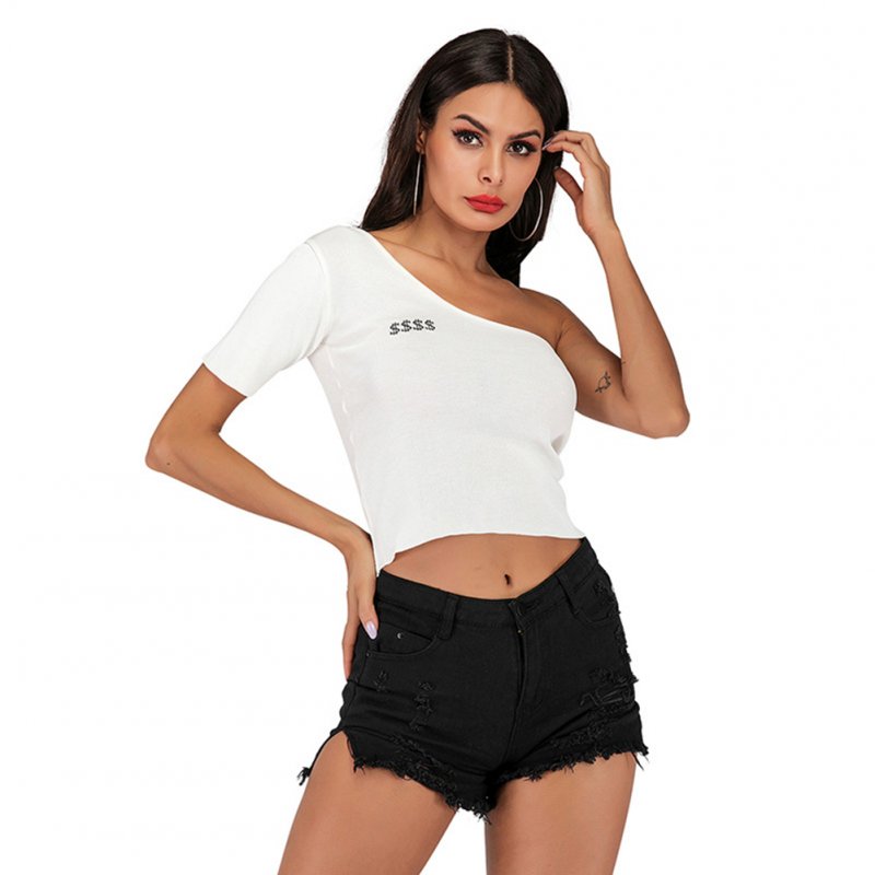 Women Camisole Vest Oblique Shoulder Crop Tops Embroidery Letter Sexy Slim Lady Base Shirt White_S