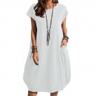 Women Casual Cotton Linen Dress With Pocket Short Sleeves Round Neck Pullover Midi Skirt Simple Solid Color Loose Dress White M