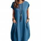 Women Casual Cotton Linen Dress With Pocket Short Sleeves Round Neck Pullover Midi Skirt Simple Solid Color Loose Dress blue M