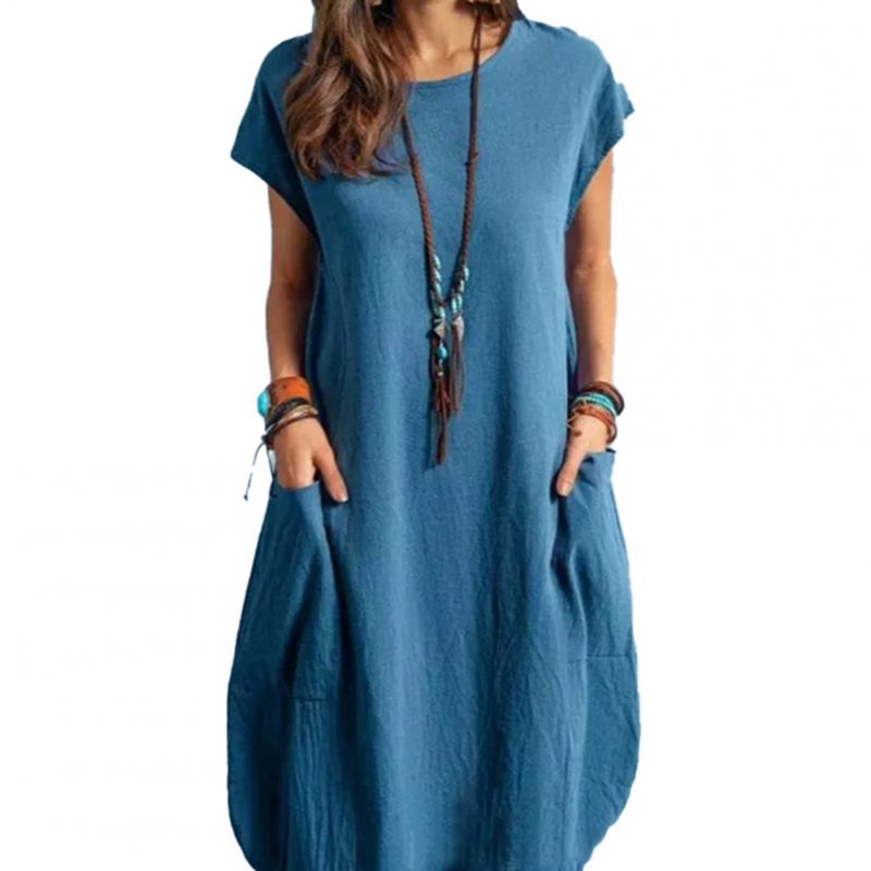 Womens Cotton Linen Dresses with Pockets,Casual Round Neck