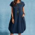 Women Casual Cotton Linen Dress With Pocket Short Sleeves Round Neck Pullover Midi Skirt Simple Solid Color Loose Dress navy blue M