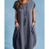 Women Casual Cotton Linen Dress With Pocket Short Sleeves Round Neck Pullover Midi Skirt Simple Solid Color Loose Dress black S