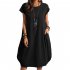 Women Casual Cotton Linen Dress With Pocket Short Sleeves Round Neck Pullover Midi Skirt Simple Solid Color Loose Dress black S