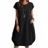 Women Casual Cotton Linen Dress With Pocket Short Sleeves Round Neck Pullover Midi Skirt Simple Solid Color Loose Dress black 2XL