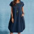 Women Casual Cotton Linen Dress With Pocket Short Sleeves Round Neck Pullover Midi Skirt Simple Solid Color Loose Dress grey M