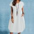 Women Casual Cotton Linen Dress With Pocket Short Sleeves Round Neck Pullover Midi Skirt Simple Solid Color Loose Dress grey L