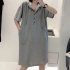 Women Casual Hooded Dress With Pockets Solid Color Large Size Short Sleeve V neck Dress Bottoming Skirt grey S