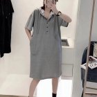 Women Casual Hooded Dress With Pockets Solid Color Large Size Short Sleeve V-neck Dress Bottoming Skirt grey S