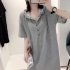 Women Casual Hooded Dress With Pockets Solid Color Large Size Short Sleeve V neck Dress Bottoming Skirt grey S
