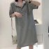 Women Casual Hooded Dress With Pockets Solid Color Large Size Short Sleeve V neck Dress Bottoming Skirt grey 2XL