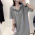 Women Casual Hooded Dress With Pockets Solid Color Large Size Short Sleeve V neck Dress Bottoming Skirt grey 2XL