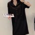 Women Casual Hooded Dress With Pockets Solid Color Large Size Short Sleeve V neck Dress Bottoming Skirt grey 2XL