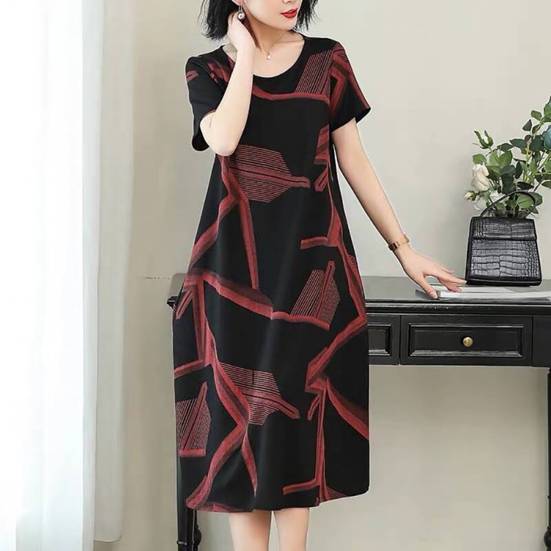 Women Casual Long Style Short Sleeve Printing Dress for Summer Wear red_L
