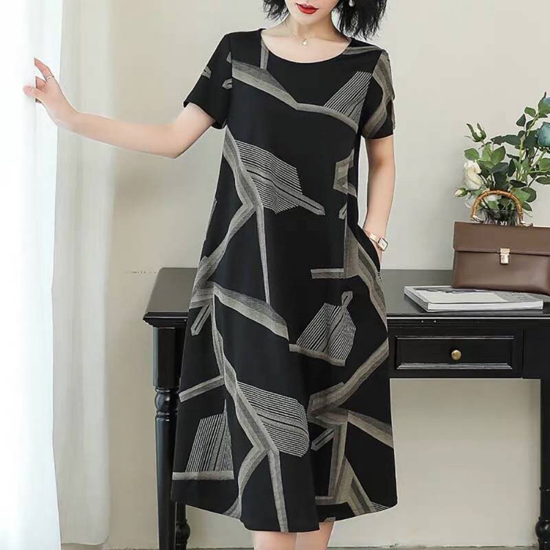Women Casual Long Style Short Sleeve Printing Dress for Summer Wear gray_XL