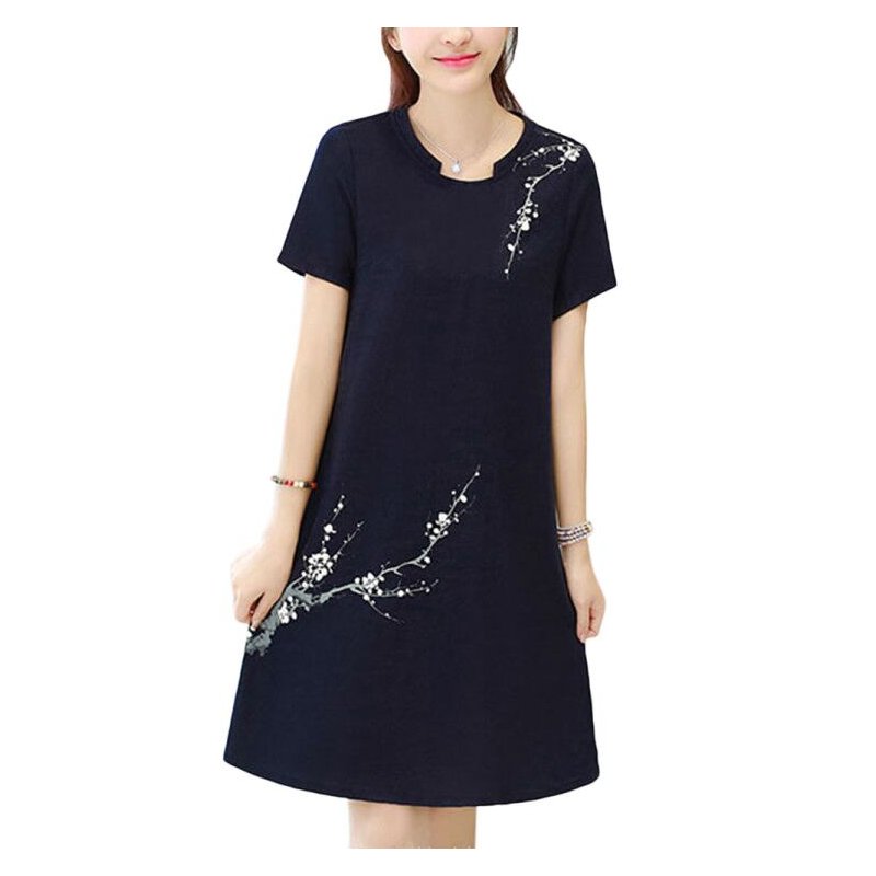 Women Casual Loose Flower Printing Short Sleeve Dress blue_XL