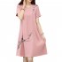 Women Casual Loose Flower Printing Short Sleeve Dress Pink XL
