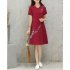 Women Casual Loose Flower Printing Short Sleeve Dress red XL