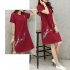 Women Casual Loose Flower Printing Short Sleeve Dress red M