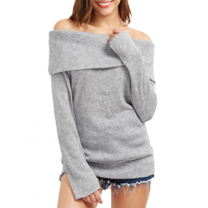 Women Casual Off-shoulder Sweater Fashionable Knitted Long Sleeve Pullover Top