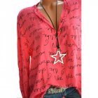 Women Casual Shirt V Neck Letters Print Long Sleeve Fashionable Pullover Top red M