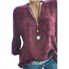 Women Casual Shirt V Neck Letters Print Long Sleeve Fashionable Pullover Top Wine red XL