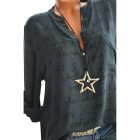 Women Casual Shirt V Neck Letters Print Long Sleeve Fashionable Pullover Top Blue XXL