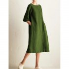Women Casual Short Sleeve Dress Solid Color Round Neck Fashionable Pocket Long Dress green S