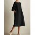 Women Casual Short Sleeve Dress Solid Color Round Neck Fashionable Pocket Long Dress green L