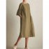 Women Casual Short Sleeve Dress Solid Color Round Neck Fashionable Pocket Long Dress green L