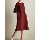 Women Casual Short Sleeve Dress Solid Color Round Neck Fashionable Pocket Long Dress Wine red S