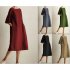Women Casual Short Sleeve Dress Solid Color Round Neck Fashionable Pocket Long Dress Wine red M