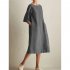Women Casual Short Sleeve Dress Solid Color Round Neck Fashionable Pocket Long Dress black L