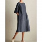 Women Casual Short Sleeve Dress Solid Color Round Neck Fashionable Pocket Long Dress dark gray S
