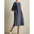 Women Casual Short Sleeve Dress Solid Color Round Neck Fashionable Pocket Long Dress dark gray 3XL