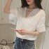 Women Casual Simple V Neck T shirt Lace Hollow Loose All match Tops Pink M