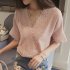 Women Casual Simple V Neck T shirt Lace Hollow Loose All match Tops Pink XL