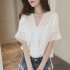 Women Casual Simple V Neck T shirt Lace Hollow Loose All match Tops Pink 2XL