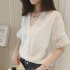 Women Casual Simple V Neck T shirt Lace Hollow Loose All match Tops white L