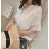 Women Casual Simple V Neck T shirt Lace Hollow Loose All match Tops white L