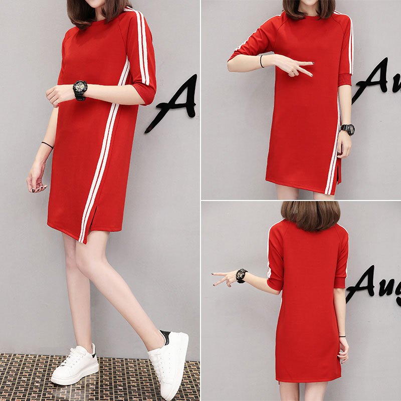 Women Casual Summer Half-length Sleeves Casual Asymmetric Long Dress red_M