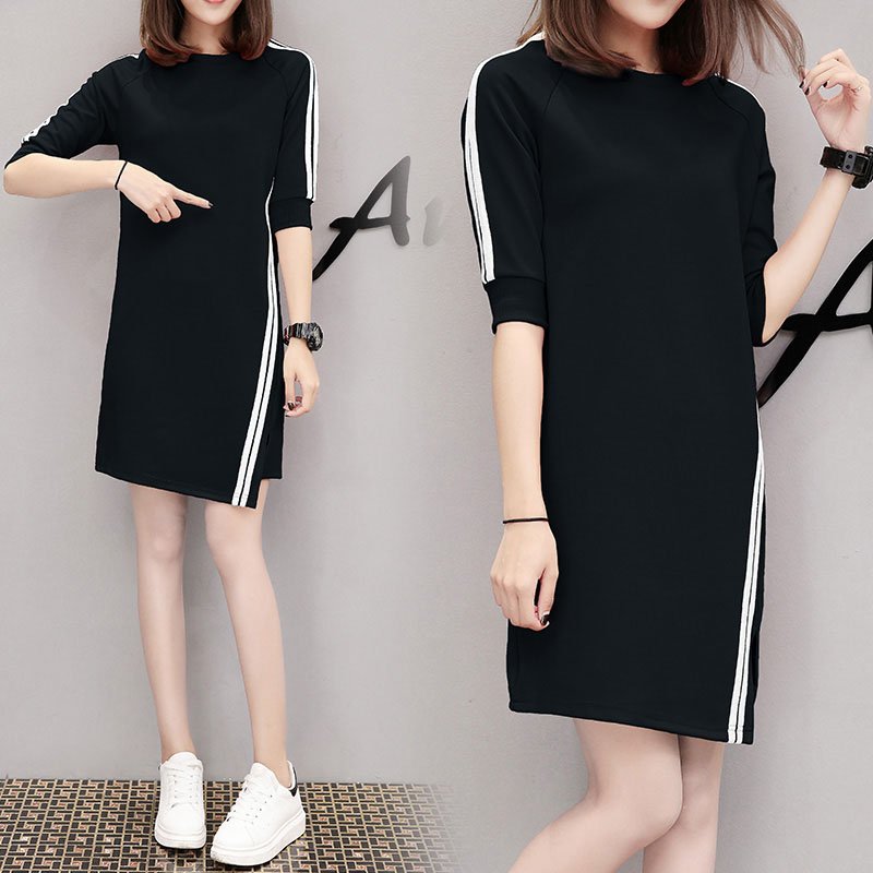 Women Casual Summer Half-length Sleeves Casual Asymmetric Long Dress black_XL