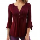 Women Casual T-shirts V Collar Mandarin Sleeve Solid Color Pressed Tops
