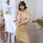 Women Cheongsam Dress Comfortable Breathable Traditional Chinese Style Plaid Printed Qipao Dress Costumes 0017 yellow L
