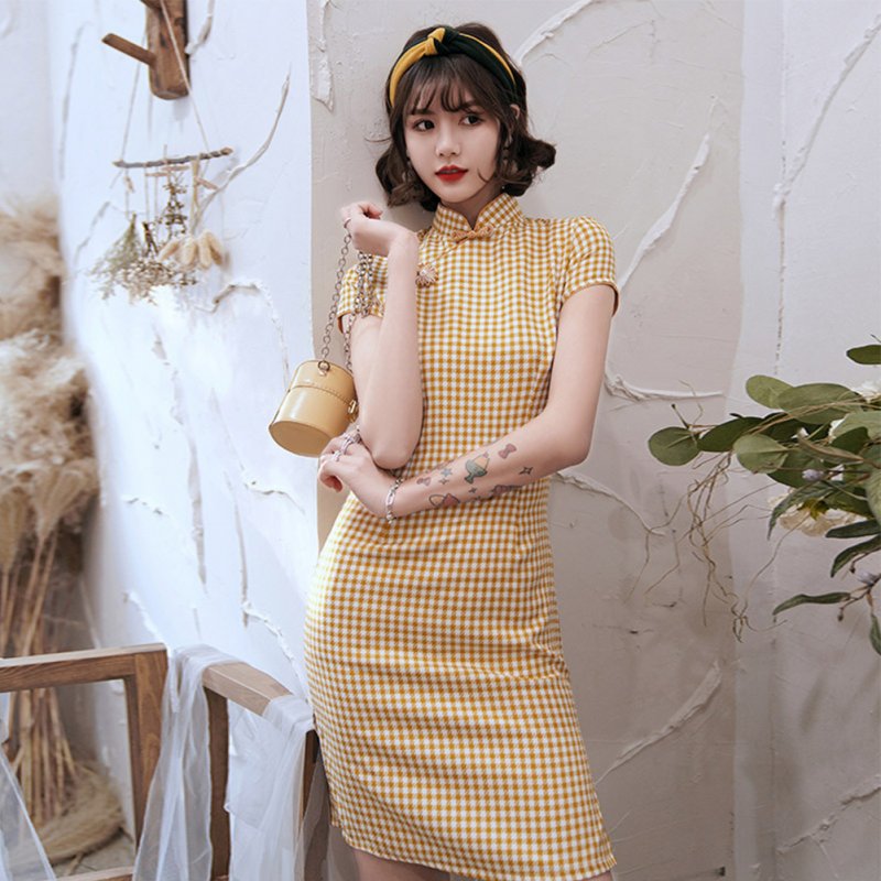 Women Cheongsam Dress Comfortable Breathable Traditional Chinese Style Plaid Printed Qipao Dress Costumes 0017 yellow XL