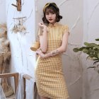 Women Cheongsam Dress Comfortable Breathable Traditional Chinese Style Plaid Printed Qipao Dress Costumes 0017 yellow XXL