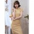 Women Cheongsam Dress Comfortable Breathable Traditional Chinese Style Plaid Printed Qipao Dress Costumes 0017 yellow XL