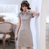 Women Cheongsam Dress Comfortable Breathable Traditional Chinese Style Plaid Printed Qipao Dress Costumes 0017 yellow XXXL