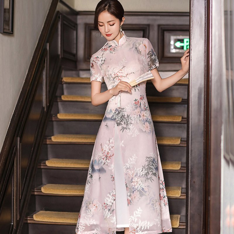 Women Cheongsam Dress Short Sleeves Traditional Chinese Style Embroidered Chiffon Long Skirt Elegant Stand Collar Dress CQ3-2 light pink XL
