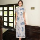 Women Cheongsam Dress Short Sleeves Traditional Chinese Style Embroidered Chiffon Long Skirt Elegant Stand Collar Dress CQ3-1 blue and white porcelain M