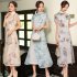 Women Cheongsam Dress Short Sleeves Traditional Chinese Style Embroidered Chiffon Long Skirt Elegant Stand Collar Dress CQ3 1 blue and white porcelain XXXL